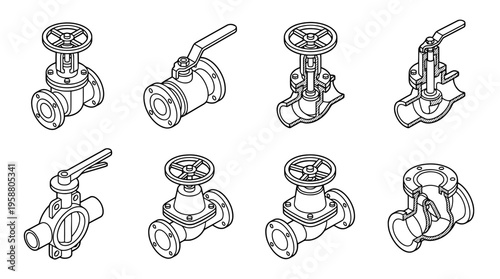pipeline valve , 6 black line isometric 3d vector collection , white background , PNG and SVG isolate