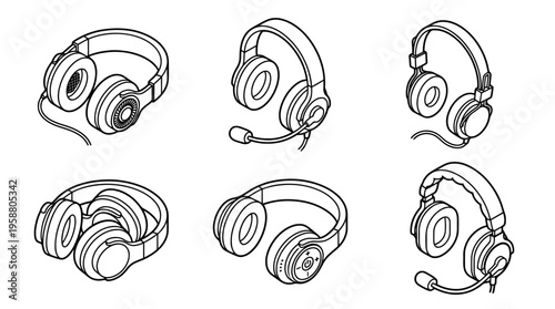 podcasting headphones , 6 black line isometric 3d vector collection , white background , PNG and SVG isolate