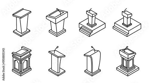 podium , 6 black line isometric 3d vector collection , white background , PNG and SVG isolate