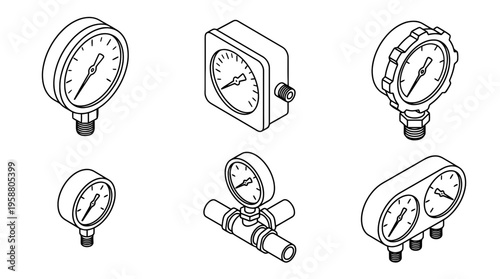 pressure gauge , 6 black line isometric 3d vector collection , white background , PNG and SVG isolate