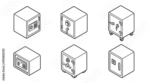 safe box , 6 black line isometric 3d vector collection , white background , PNG and SVG isolate