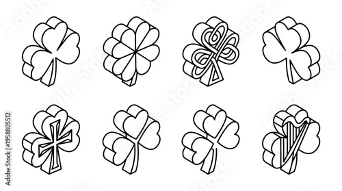 saint patrick shamrock , 6 black line isometric 3d vector collection , white background , PNG and SVG isolate