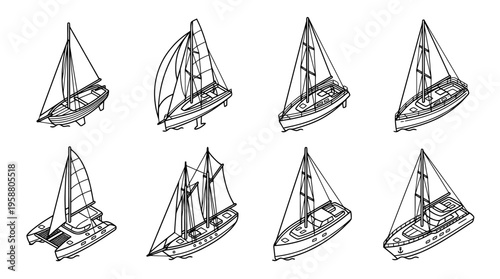 sailing boat , 6 black line isometric 3d vector collection , white background , PNG and SVG isolate