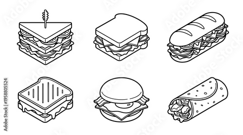 sandwich , 6 black line isometric 3d vector collection , white background , PNG and SVG isolate
