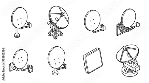 satellite dish , 6 black line isometric 3d vector collection , white background , PNG and SVG isolate