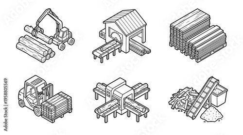 sawmill , 6 black line isometric 3d vector collection , white background , PNG and SVG isolate