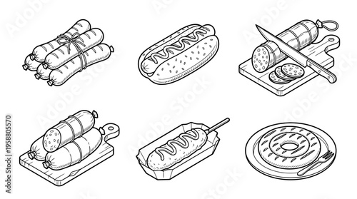 sausage , 6 black line isometric 3d vector collection , white background , PNG and SVG isolate