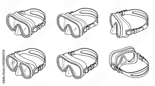 scuba diving mask , 6 black line isometric 3d vector collection , white background , PNG and SVG isolate