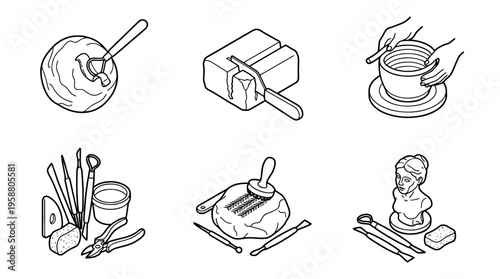 sculpting clay , 6 black line isometric 3d vector collection , white background , PNG and SVG isolate