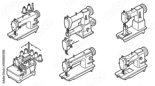 sewing machine industrial , 6 black line isometric 3d vector collection , white background , PNG and SVG isolate