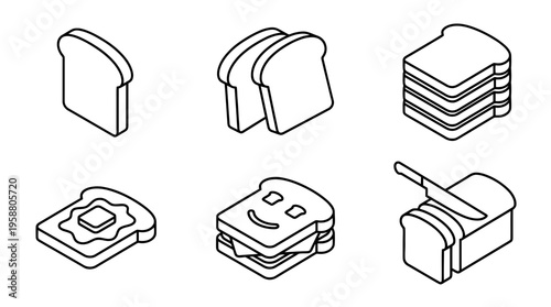 sliced bread , 6 black line isometric 3d vector collection , white background , PNG and SVG isolate