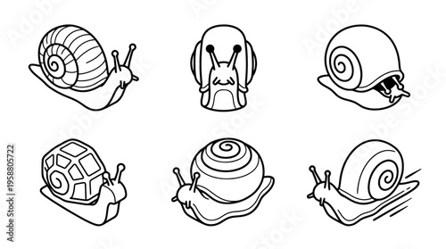 snail , 6 black line isometric 3d vector collection , white background , PNG and SVG isolate