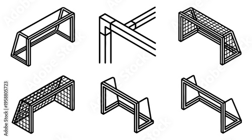soccer goal , 6 black line isometric 3d vector collection , white background , PNG and SVG isolate