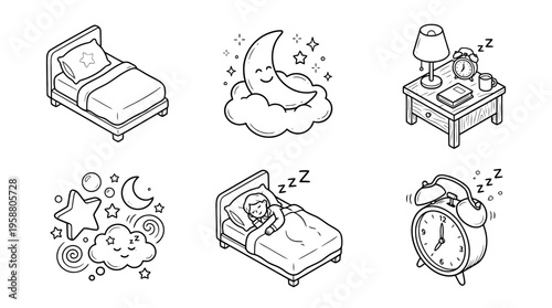sleepy dream , 6 black line isometric 3d vector collection , white background , PNG and SVG isolate