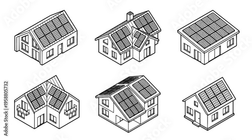 solar panel roof , 6 black line isometric 3d vector collection , white background , PNG and SVG isolate