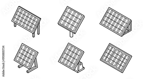 solar panel , 6 black line isometric 3d vector collection , white background , PNG and SVG isolate