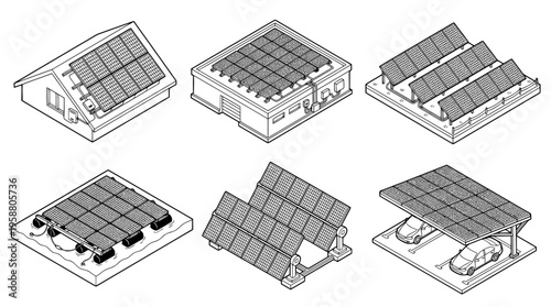 solar panel array , 6 black line isometric 3d vector collection , white background , PNG and SVG isolate