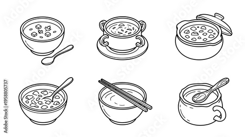 soup bowl , 6 black line isometric 3d vector collection , white background , PNG and SVG isolate