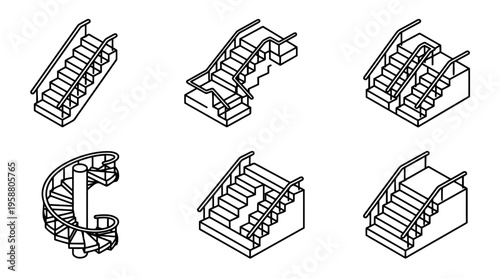 staircase , 6 black line isometric 3d vector collection , white background , PNG and SVG isolate