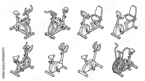 stationary bike , 6 black line isometric 3d vector collection , white background , PNG and SVG isolate