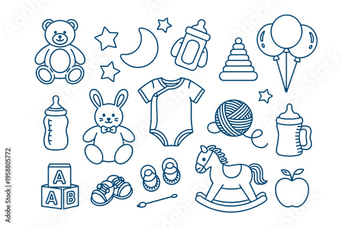 Collection of blue line baby and toys teddy bear rabbit