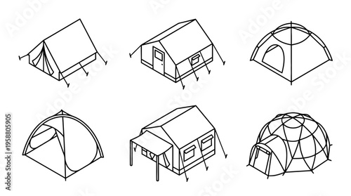 tent , 6 black line isometric 3d vector collection , white background , PNG and SVG isolate