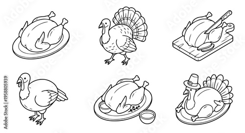 thanksgiving turkey , 6 black line isometric 3d vector collection , white background , PNG and SVG isolate