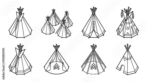 tepee , 6 black line isometric 3d vector collection , white background , PNG and SVG isolate