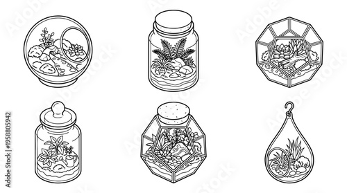 terrarium , 6 black line isometric 3d vector collection , white background , PNG and SVG isolate