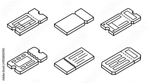 ticket stub , 6 black line isometric 3d vector collection , white background , PNG and SVG isolate