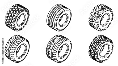 tire tread , 6 black line isometric 3d vector collection , white background , PNG and SVG isolate