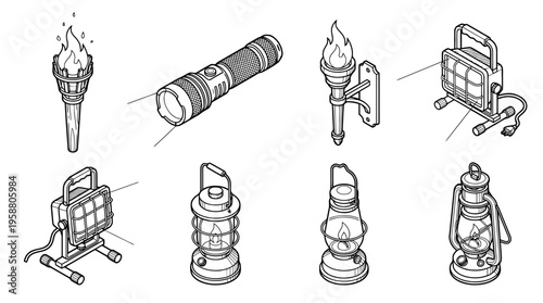 torch , 6 black line isometric 3d vector collection , white background , PNG and SVG isolate