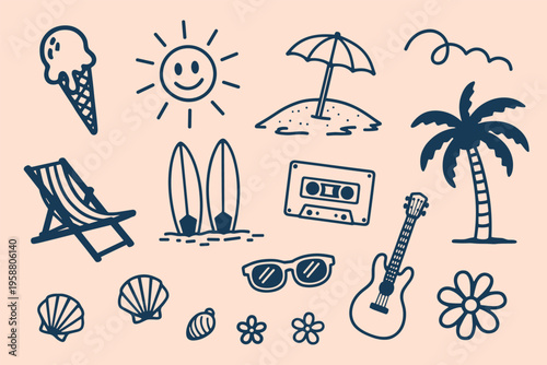 Summer beach vacation doodles on pink background ice cream