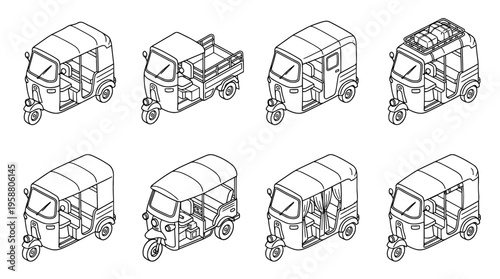 tuk tuk , 6 black line isometric 3d vector collection , white background , PNG and SVG isolate