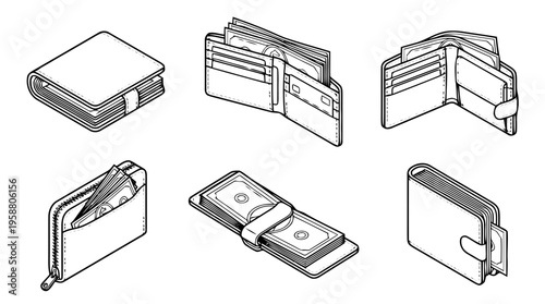 wallet with cash , 6 black line isometric 3d vector collection , white background , PNG and SVG isolate