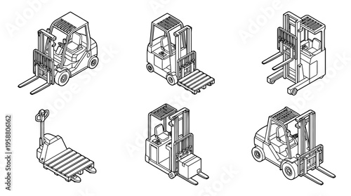 warehouse forklift , 6 black line isometric 3d vector collection , white background , PNG and SVG isolate