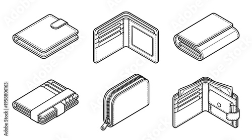 wallet , 6 black line isometric 3d vector collection , white background , PNG and SVG isolate