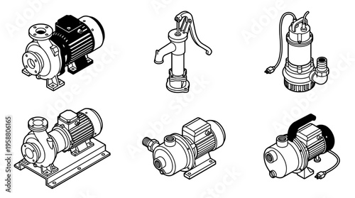 water pump , 6 black line isometric 3d vector collection , white background , PNG and SVG isolate