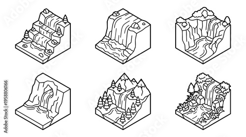 waterfall , 6 black line isometric 3d vector collection , white background , PNG and SVG isolate