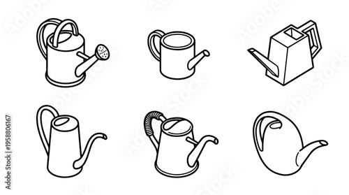 watering can , 6 black line isometric 3d vector collection , white background , PNG and SVG isolate