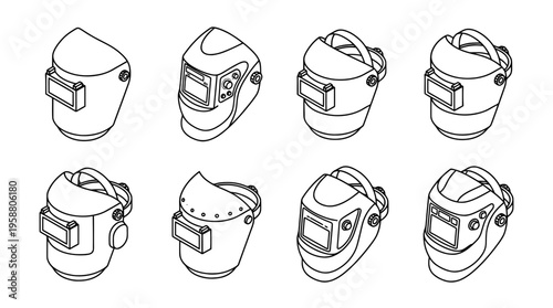 welding helmet , 6 black line isometric 3d vector collection , white background , PNG and SVG isolate