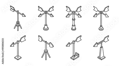 wind vane , 6 black line isometric 3d vector collection , white background , PNG and SVG isolate