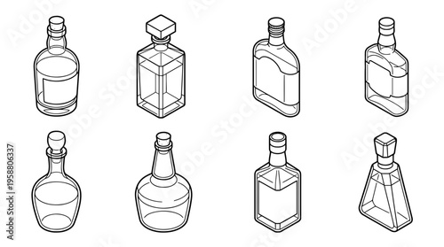 whiskey bottle , 6 black line isometric 3d vector collection , white background , PNG and SVG isolate