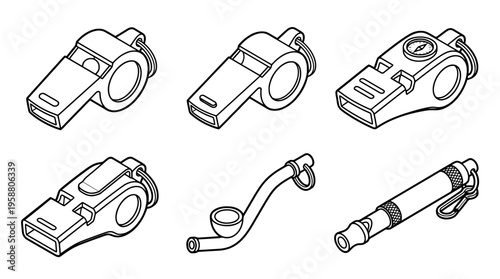 whistle , 6 black line isometric 3d vector collection , white background , PNG and SVG isolate