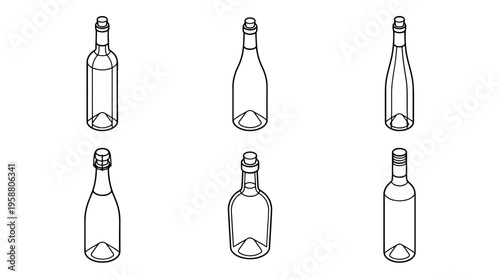 wine bottle , 6 black line isometric 3d vector collection , white background , PNG and SVG isolate