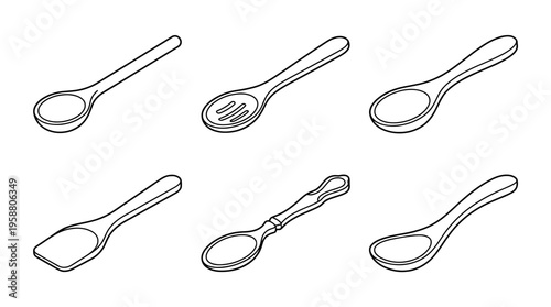 wooden spoon , 6 black line isometric 3d vector collection , white background , PNG and SVG isolate