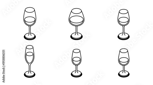 wine tasting glass , 6 black line isometric 3d vector collection , white background , PNG and SVG isolate