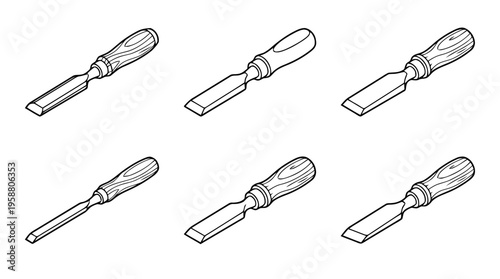 woodworking chisel , 6 black line isometric 3d vector collection , white background , PNG and SVG isolate