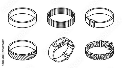 wristband , 6 black line isometric 3d vector collection , white background , PNG and SVG isolate