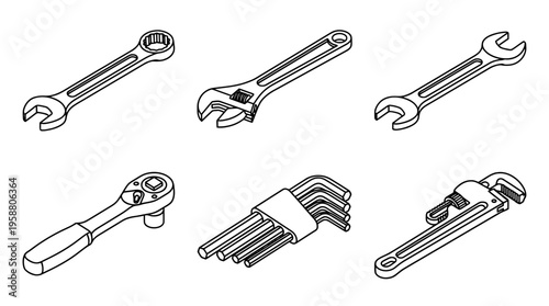 wrench spanner , 6 black line isometric 3d vector collection , white background , PNG and SVG isolate